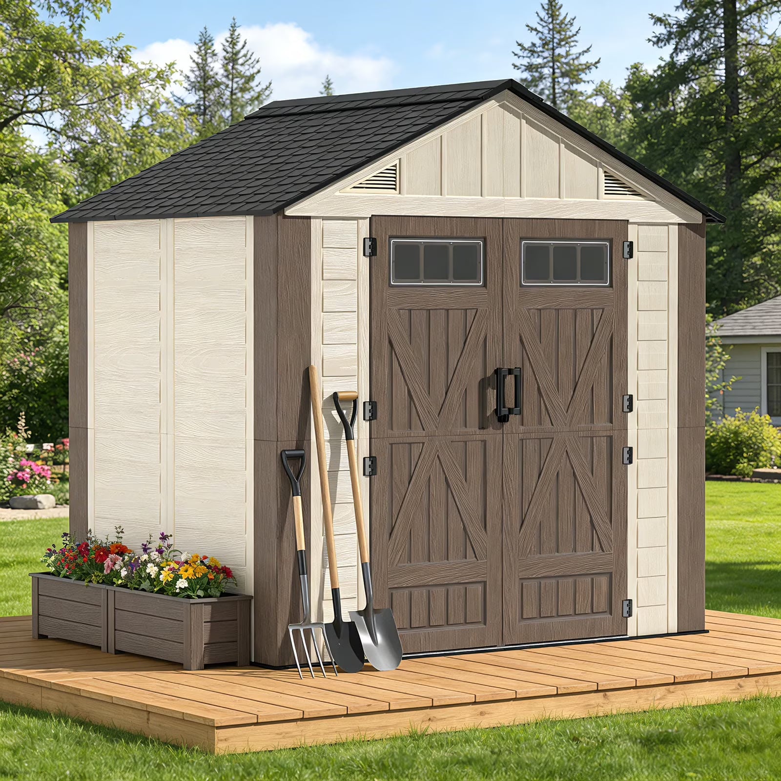 OROFULL 8' x 6' Outdoor Storage Shed, Weatherproof Resin Tool Shed with Built-in Floor, Lockable Doors & Vents for Patio Garden Backyard, Khaki