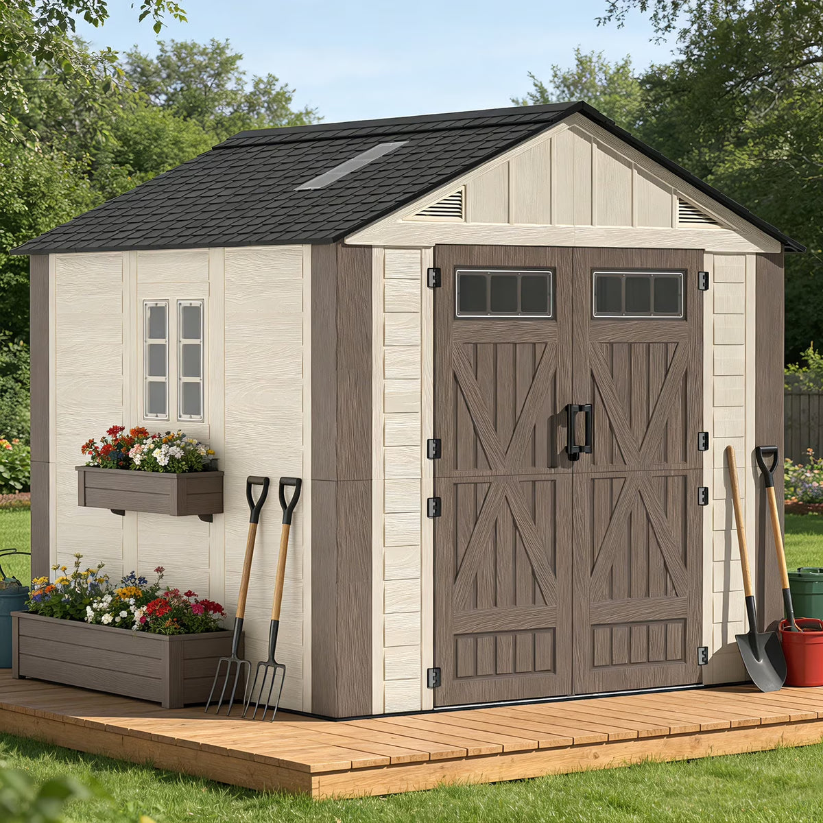 OROFULL 8x8 FT Outdoor Resin Storage Shed, HDPE Heavy Duty Tool Shed with Built-in Floor, Lockable Doors & Ventilation for Patio Garden Backyard, Khaki