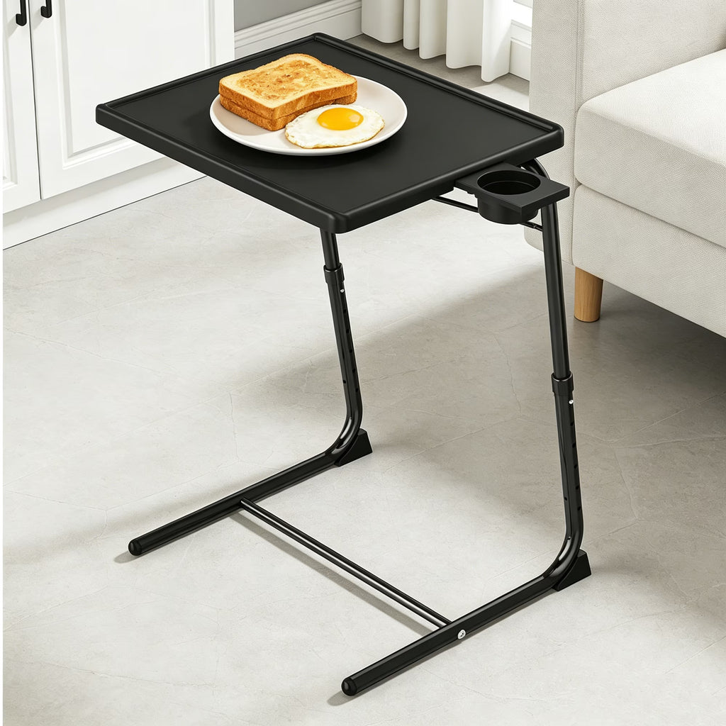OROFULL Adjustable TV Tray Table with Cup Holder, 6 Height & 3 Tilt Angle Folding Sofa Desk for Living Room Bedroom, Black