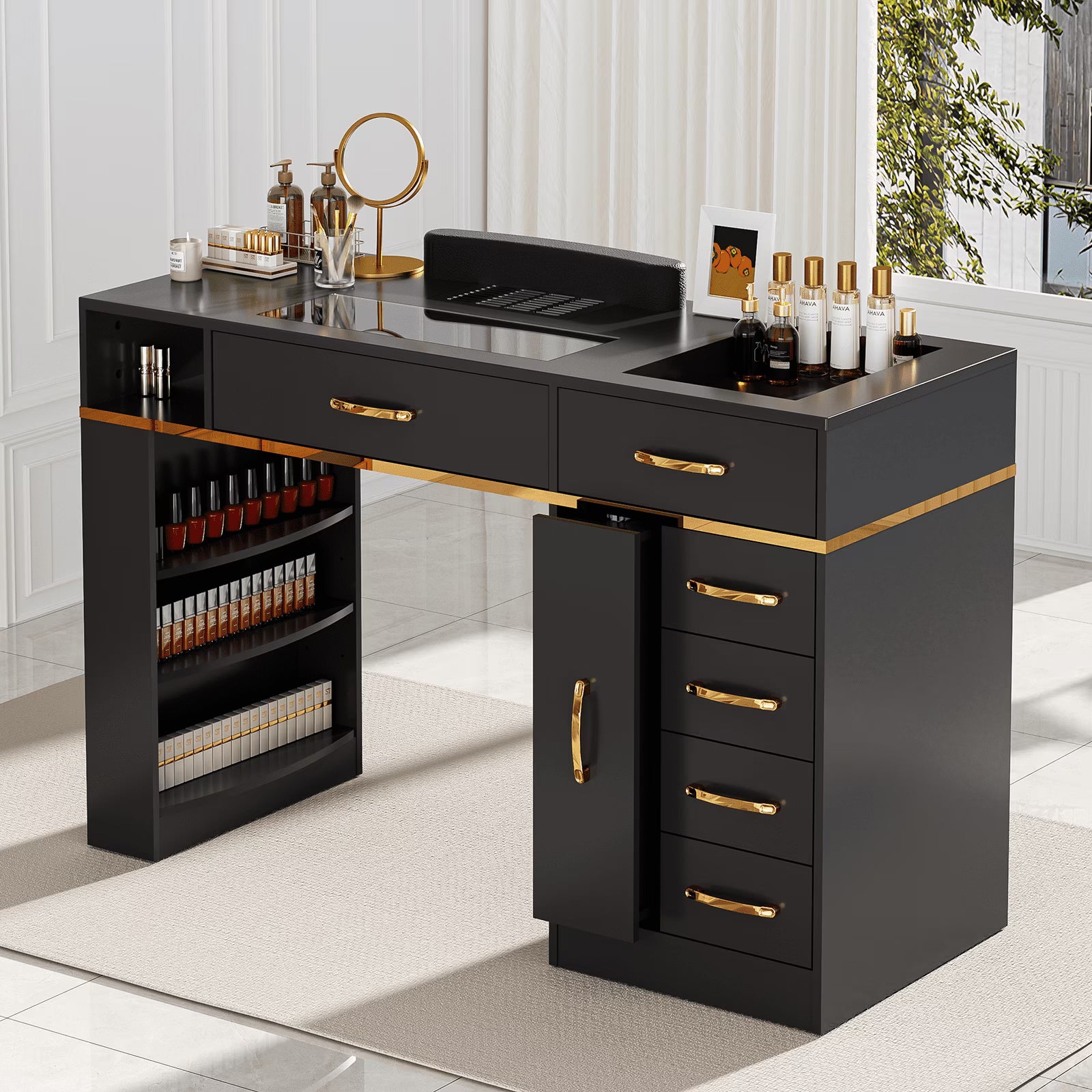 OROFULL Manicure Table, Professional Nail Desk with Dust Collector & Storage Drawers, Acetone Resistant Nail Station for Salon Home Use, Black