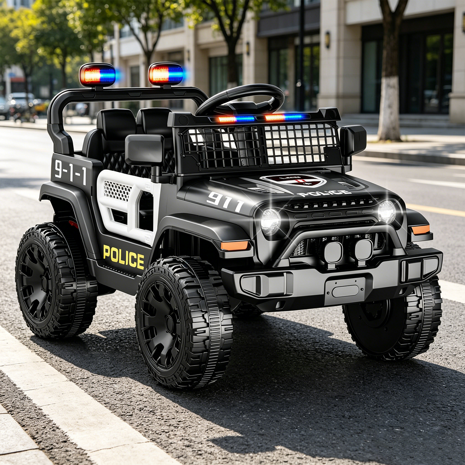 OROFULL 12V Electric Police Car, Kids Ride On Car with Remote Control, Double Doors and Music for Toddlers, Boys and Girls,Black