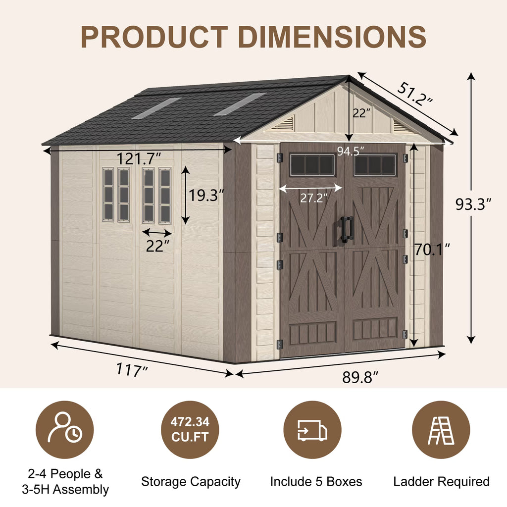 OROFULL 8x10 ft Outdoor Storage Shed, HDPE Heavy Duty Tool Shed with Built-in Floor, Lockable Doors & Ventilation for Patio Garden Backyard, Khaki