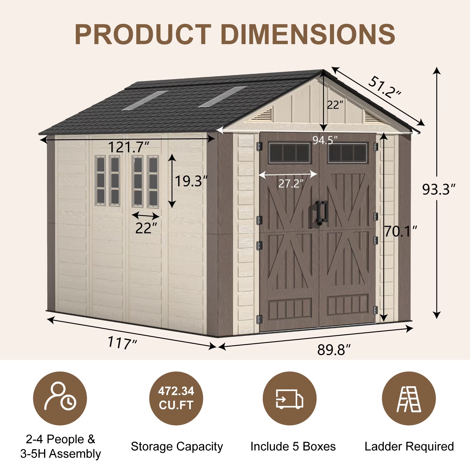 OROFULL 8x10 ft Outdoor Storage Shed, HDPE Heavy Duty Tool Shed with Built-in Floor, Lockable Doors & Ventilation for Patio Garden Backyard, Khaki