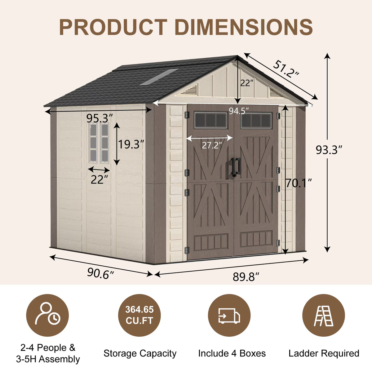 OROFULL 8x8 FT Outdoor Resin Storage Shed, HDPE Heavy Duty Tool Shed with Built-in Floor, Lockable Doors & Ventilation for Patio Garden Backyard, Khaki