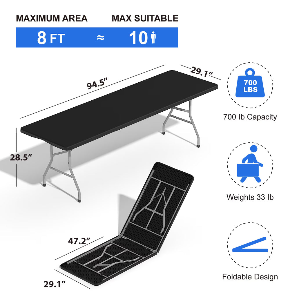 OROFULL 8ft Folding Table, Heavy Duty Plastic Foldable Table with Carry Handle, Indoor Outdoor Utility Table for Party Camping Picnic Dining, Black