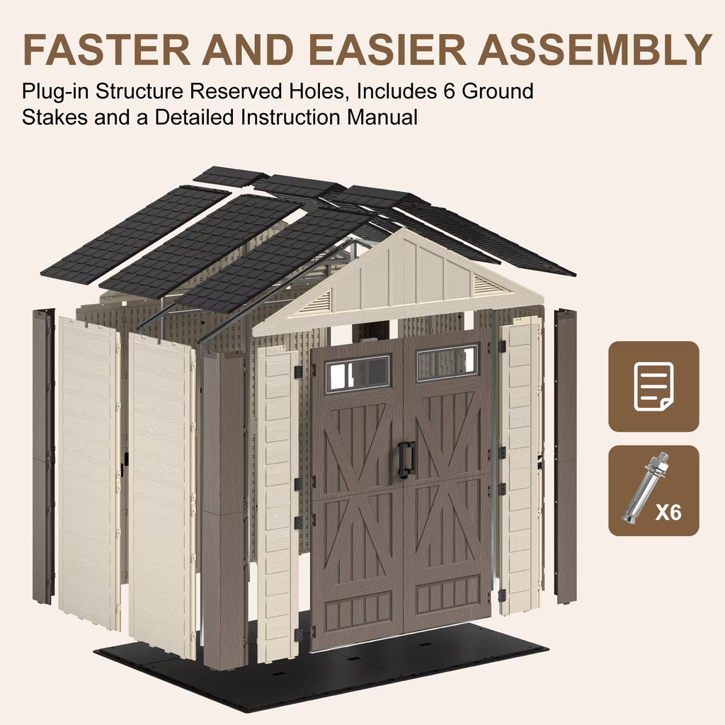 OROFULL 8' x 6' Outdoor Storage Shed, Weatherproof Resin Tool Shed with Built-in Floor, Lockable Doors & Vents for Patio Garden Backyard, Khaki