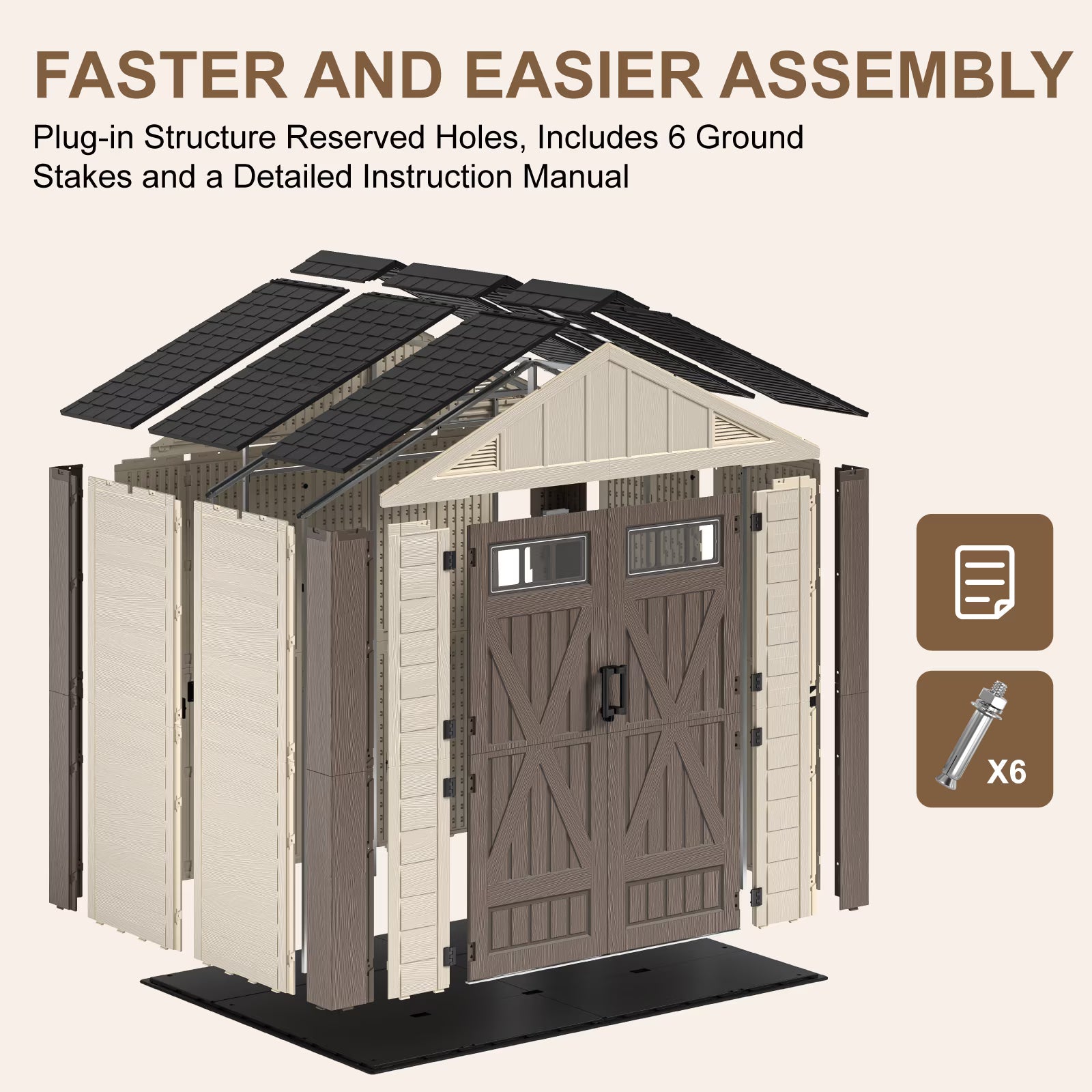 OROFULL 8' x 6' Outdoor Storage Shed, Weatherproof Resin Tool Shed with Built-in Floor, Lockable Doors & Vents for Patio Garden Backyard, Khaki