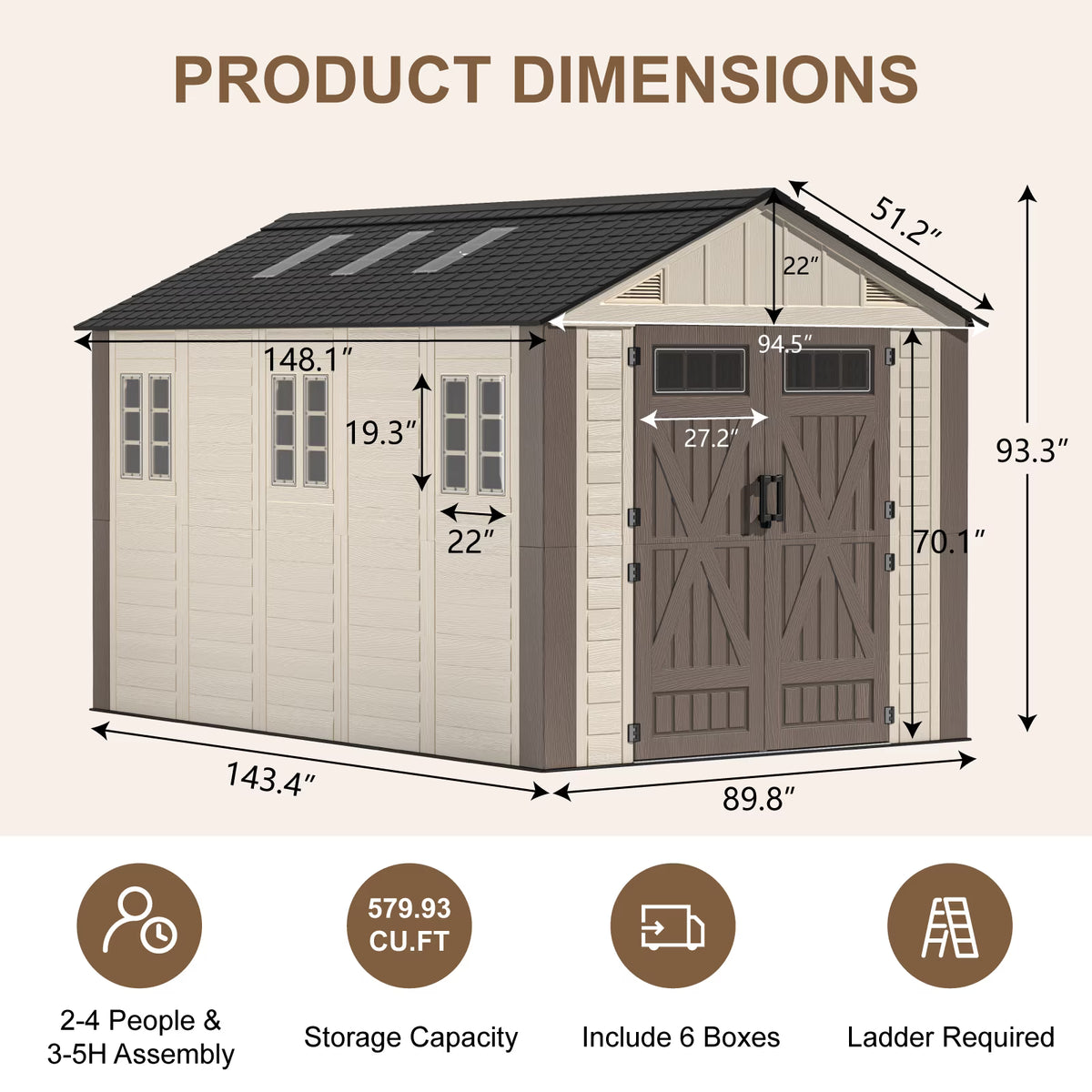 OROFULL 8x12 FT Outdoor Storage Shed, HDPE Heavy Duty Tool Shed with Built-in Floor, Lockable Doors & Ventilation for Patio Garden Backyard, Khaki