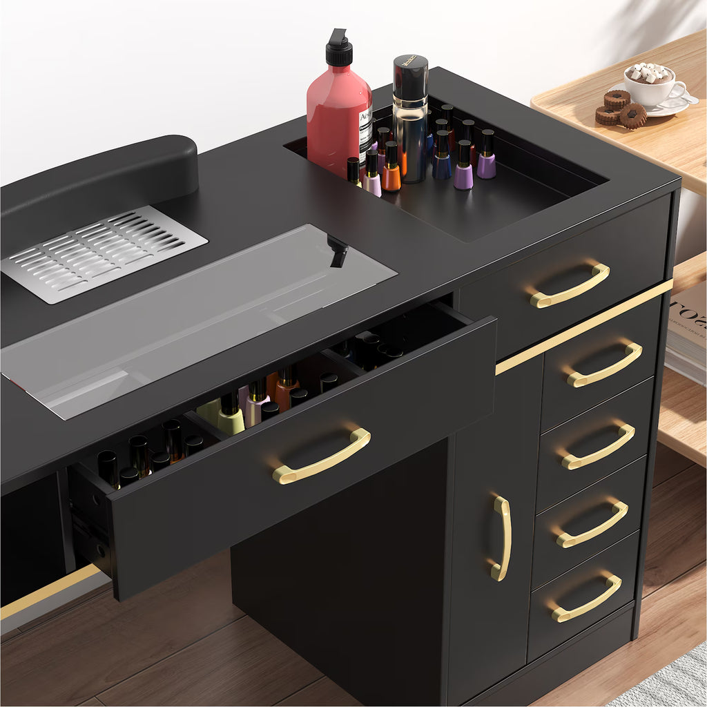 OROFULL Manicure Table, Professional Nail Desk with Dust Collector & Storage Drawers, Acetone Resistant Nail Station for Salon Home Use, Black