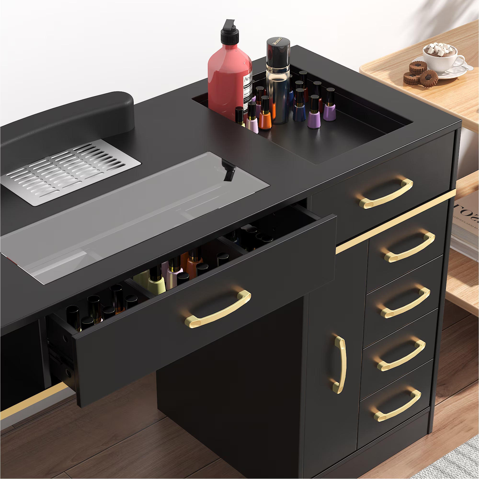 OROFULL Manicure Table, Professional Nail Desk with Dust Collector & Storage Drawers, Acetone Resistant Nail Station for Salon Home Use, Black