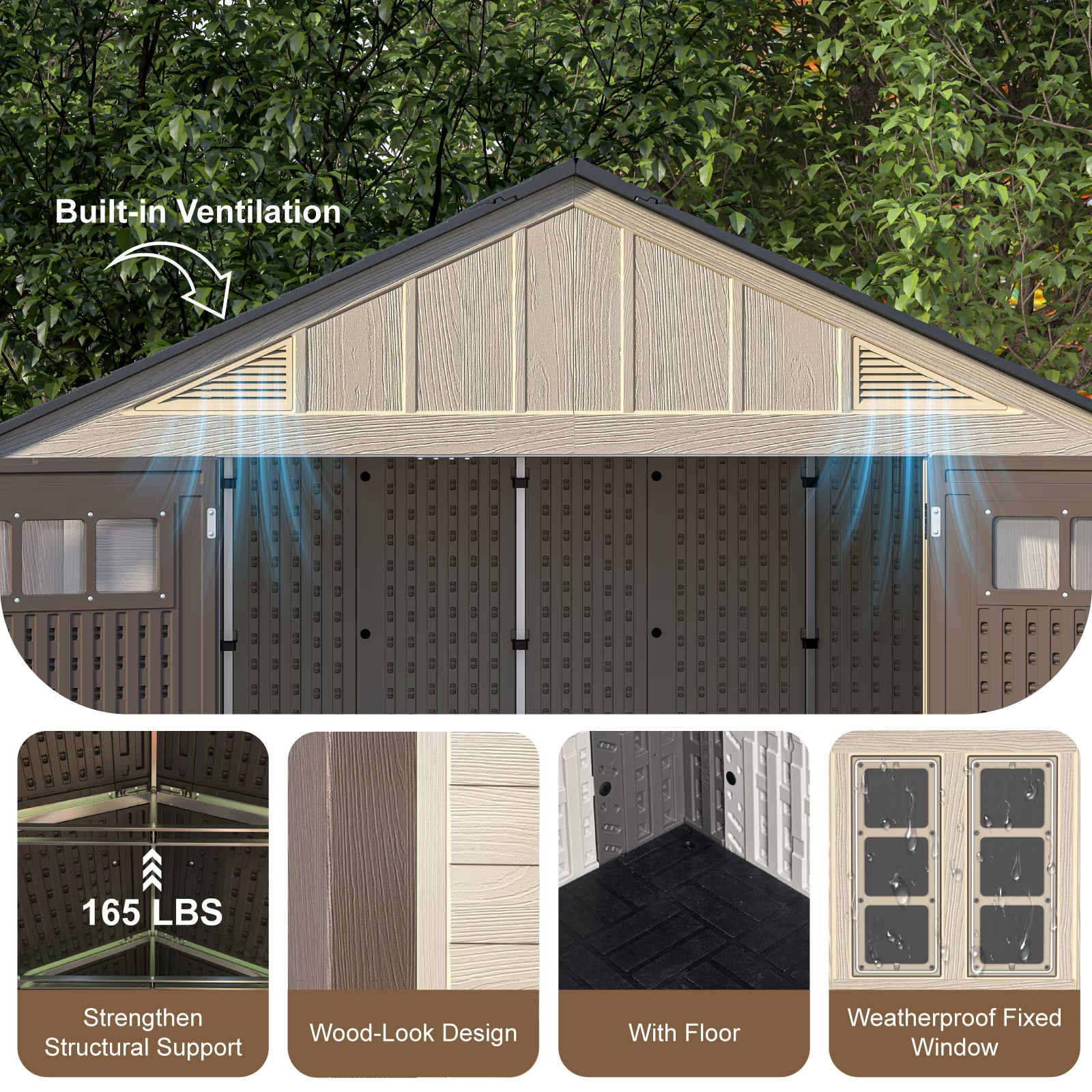 OROFULL 8x10 ft Outdoor Storage Shed, HDPE Heavy Duty Tool Shed with Built-in Floor, Lockable Doors & Ventilation for Patio Garden Backyard, Khaki