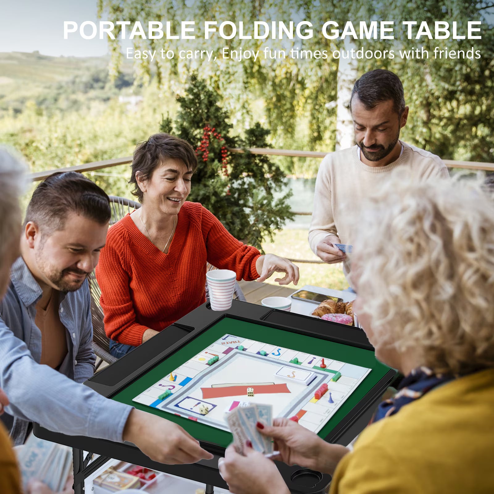 OROFULL Square Mahjong Table, 35.4" Folding Game Table with Green Felt & Cup Holders, Portable 4-Player Multi-Game Table for Poker Dominoes and Puzzles