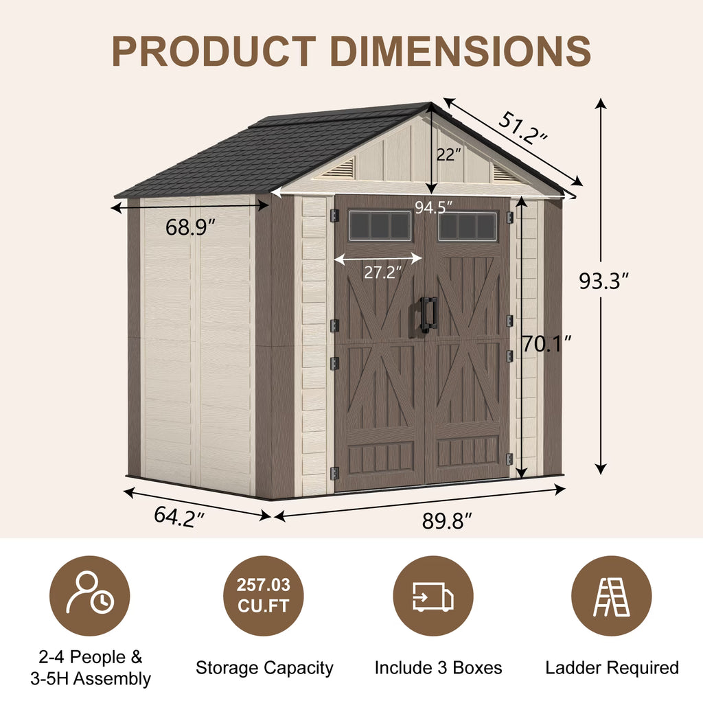 OROFULL 8x6 FT Outdoor Storage Shed, HDPE Heavy Duty Tool Shed with Built-in Floor, Lockable Doors & Ventilation for Patio Garden Backyard, Khaki