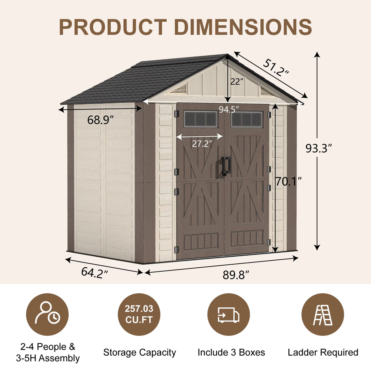 OROFULL 8x6 FT Outdoor Storage Shed, HDPE Heavy Duty Tool Shed with Built-in Floor, Lockable Doors & Ventilation for Patio Garden Backyard, Khaki