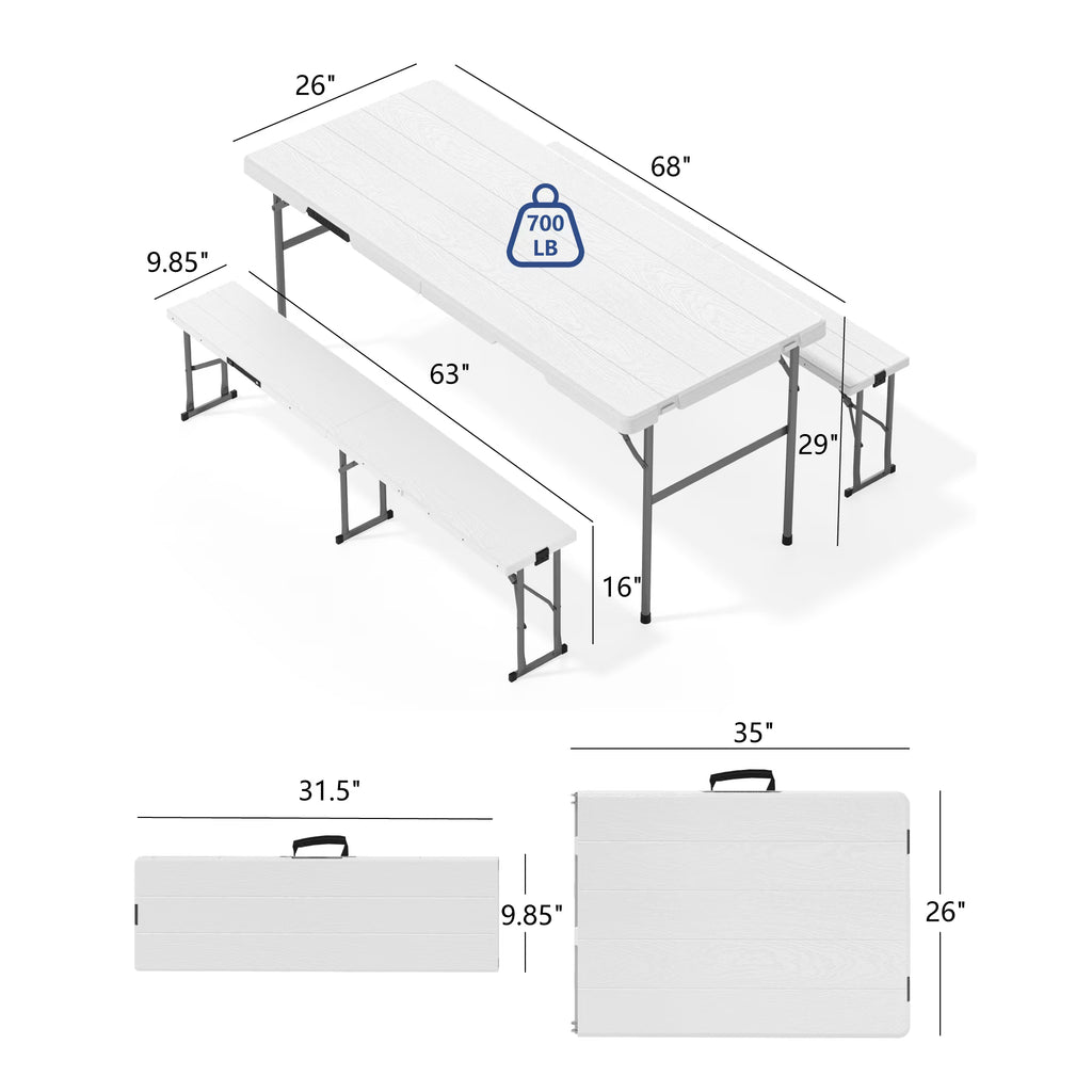 OROFULL 6FT Folding Picnic Table Set, Heavy Duty Portable Table with 2 Benches, Indoor Outdoor Foldable Camping Furniture for Patio BBQ Party Backyard, White